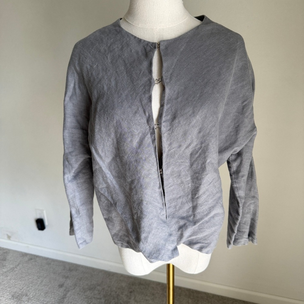Jess Brown Gray Linen open‎ Front Cardigan Jacket Medium Minimal Classic Modern
